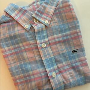 Boys Vineyard Vines Whale Shirt Medium 12-14 Pastel Plaid Button Down Cotton